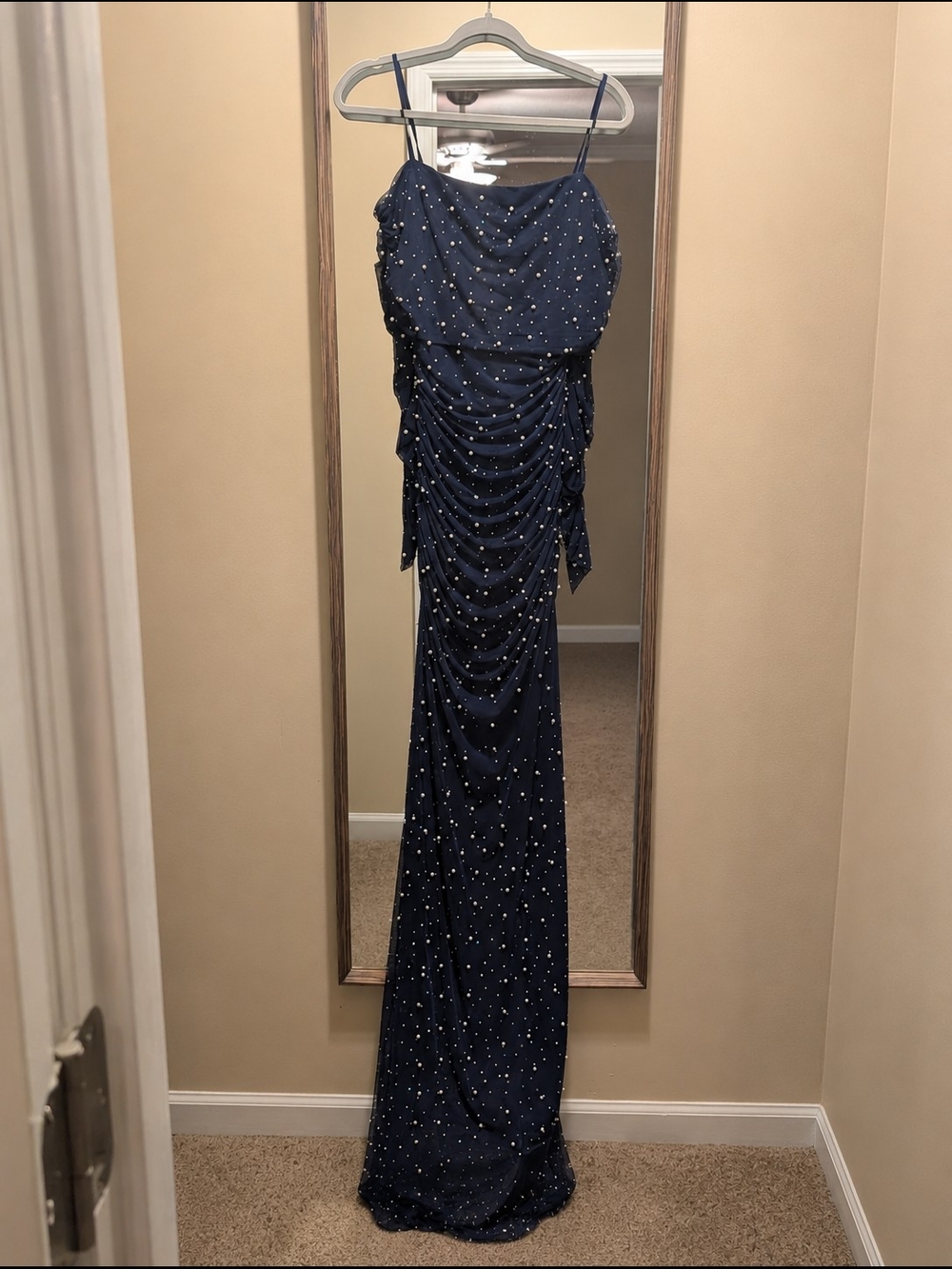 Evening Navy Beaded Ruched Gown